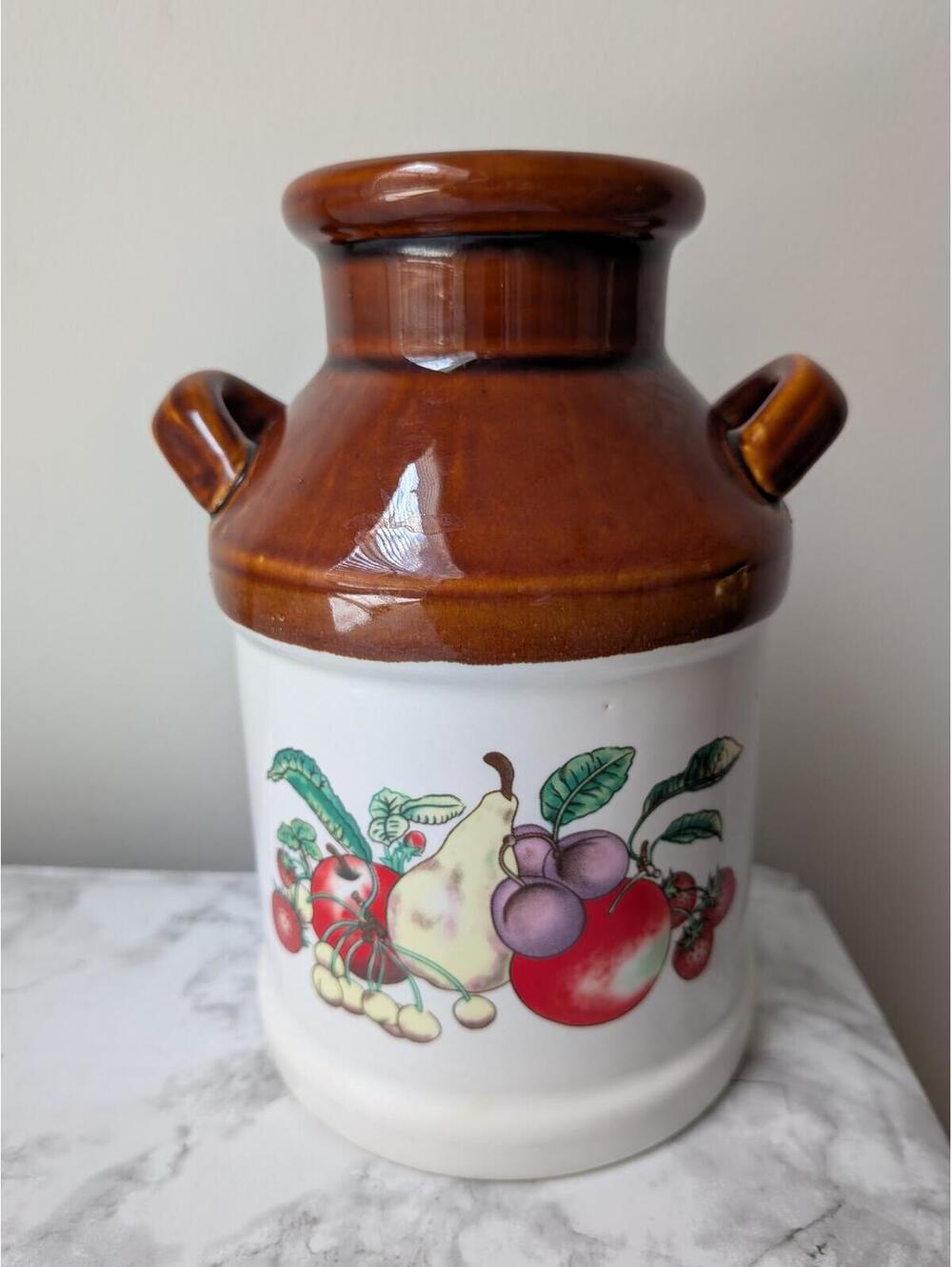 Vintage Ceramic Milk Crock Vase Jug Fruit Design Handles Utensil Holder Decor